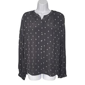 Something Navy Blouse Rayon Button Down Black Floral Large